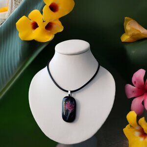 black white pink abstract dandelion flower artisan fused glass pendant necklace